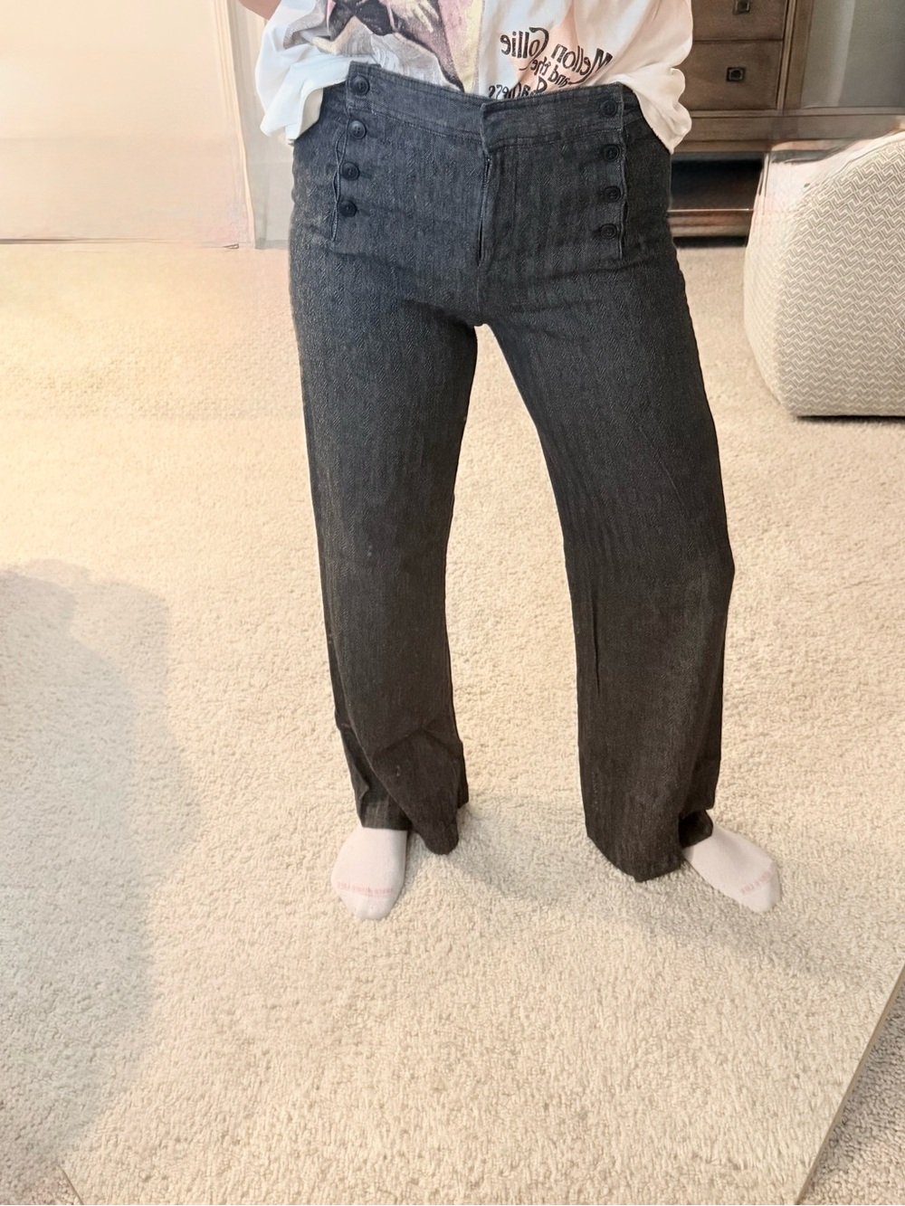 High-Waist Button-Front Women’s Trousers in Charcoal Gray